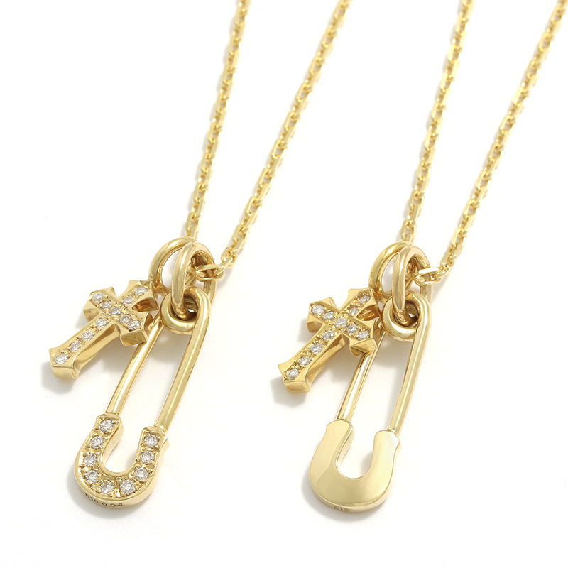Safety Pin Charm + Little Cross Charm - K18Yellow Gold w/Diamond Set Necklace