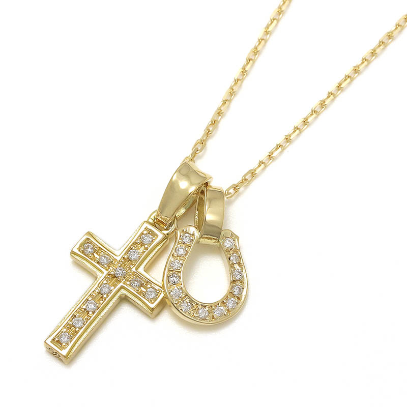 Small Gravity Cross Necklace w/Horseshoe - K18Yellow Gold w/Diamond