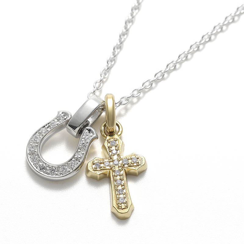 Smooth Cross Pendant - K18Yellow Gold w/Diamond + Medium Horseshoe Set Necklace w/LG Diamond