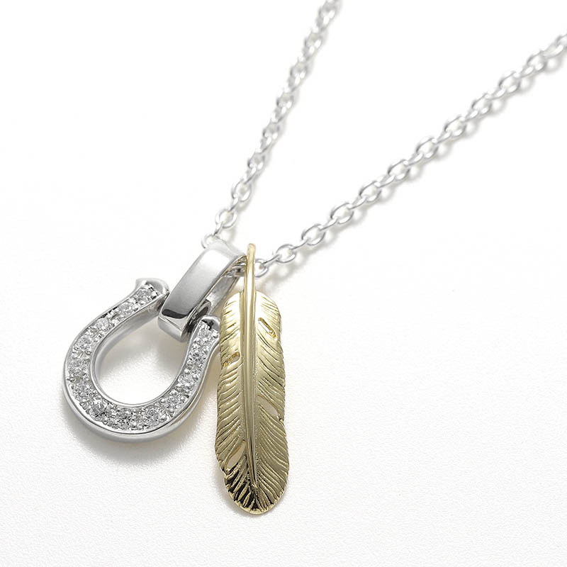 Small Feather Charm - K18Yellow Gold + Medium Horseshoe Set Necklace w/LG Diamond