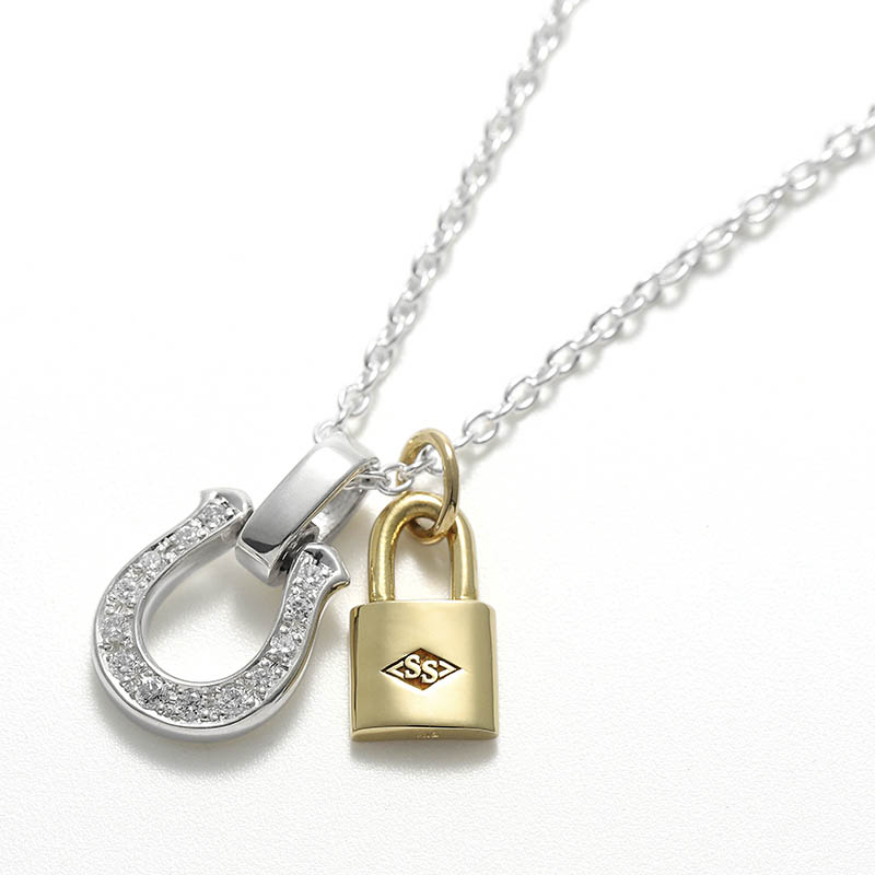 Small Lock Charm - K18Yellow Gold + Medium Horseshoe Set Necklace w/LG Diamond