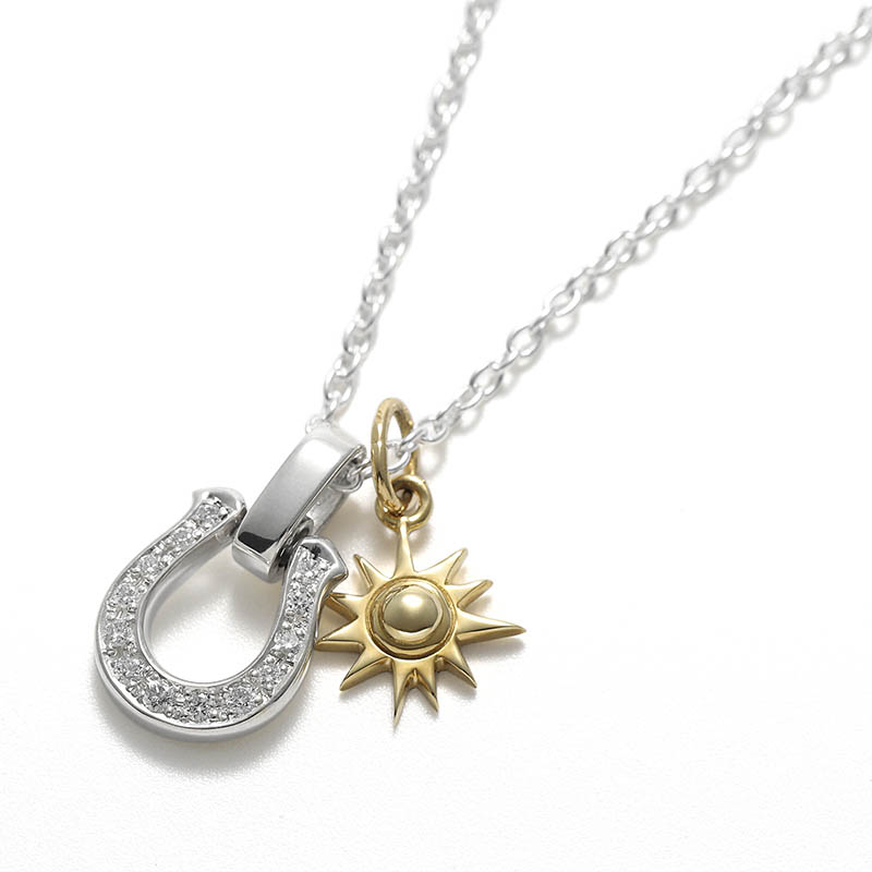 Small Sun Charm - K18Yellow Gold + Medium Horseshoe Set Necklace w/LG Diamond