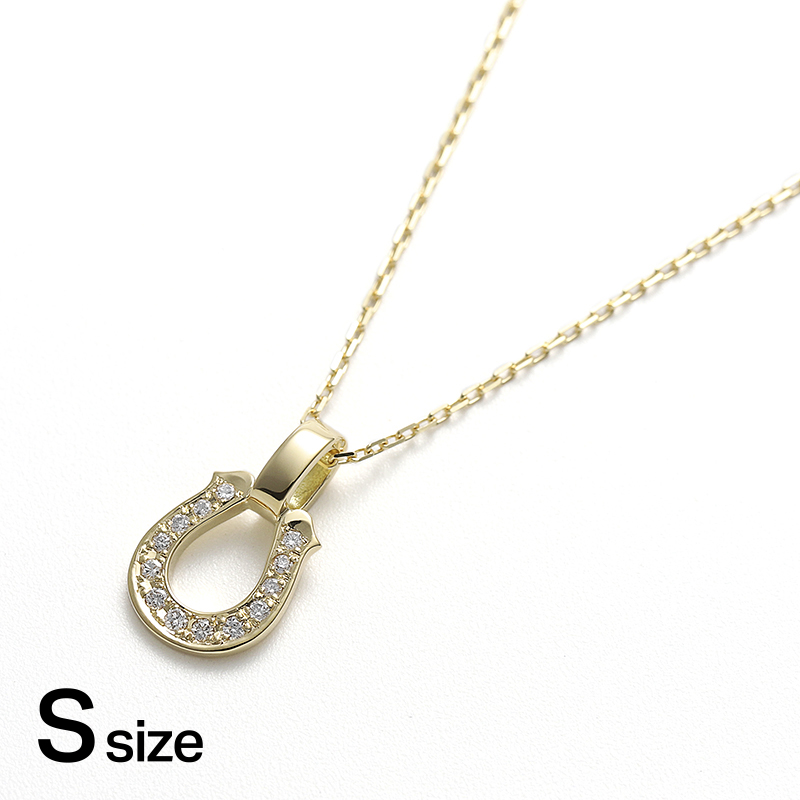 Small Horseshoe Pendant w/Diamond + Square Chain 0.9mm - K18Yellow Gold