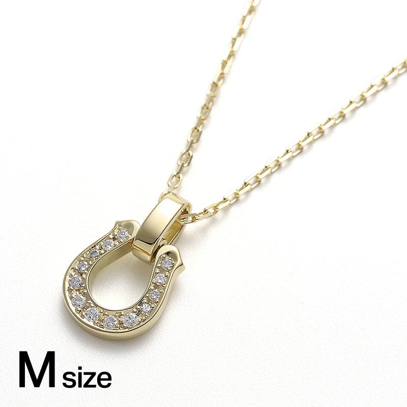 Medium Horseshoe Pendant w/Diamond + Square Chain 1.3mm - K18Yellow Gold