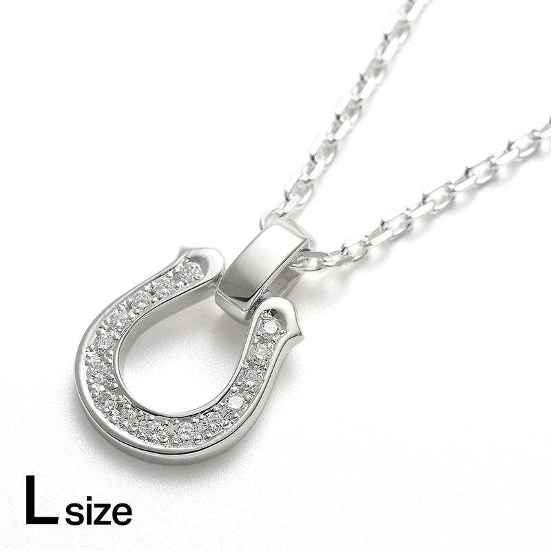 Large Horseshoe Pendant w/LG Diamond+Square Chain 2.0mm Natural - Silver