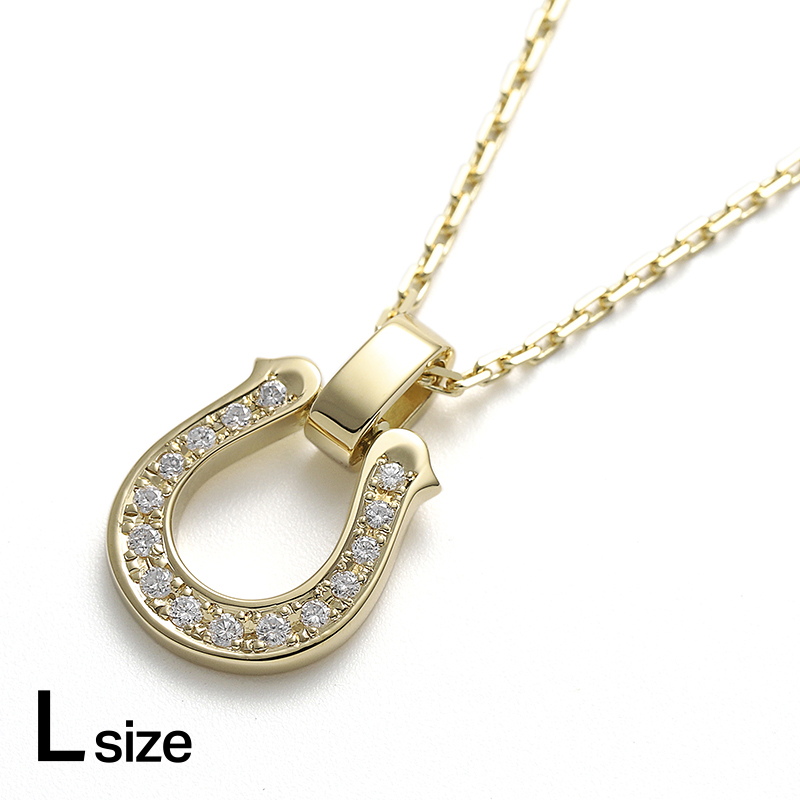 Large Horseshoe Pendant w/Diamond+Square Chain 1.5mm - K18Yellow Gold