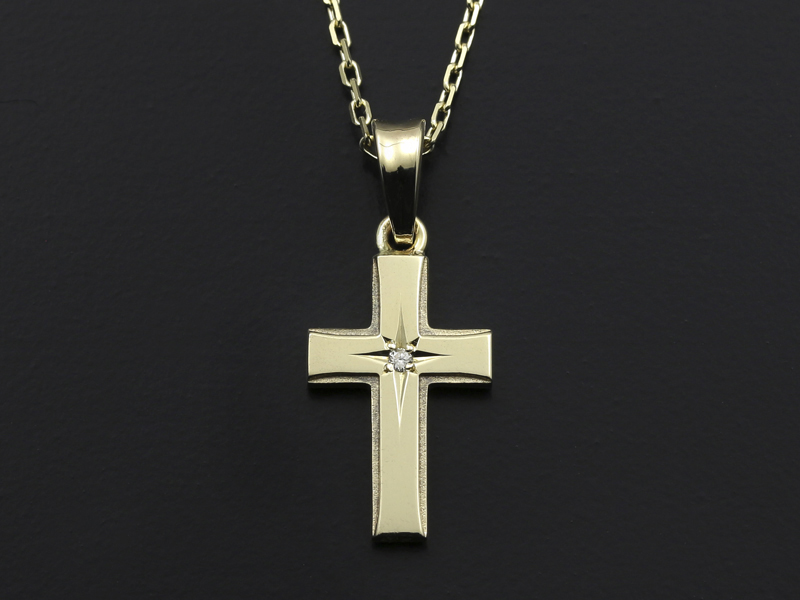 Small Gravity Cross Necklace - K10Yellow Gold w/Diamond