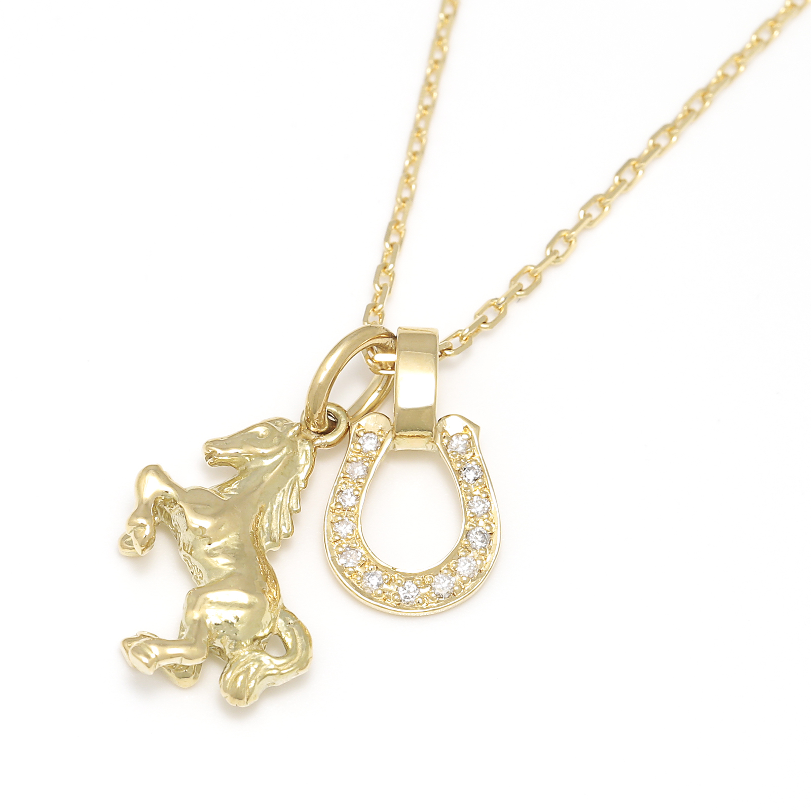 Small Horse & Horseshoe Necklace - K18Yellow Gold w/Diamond