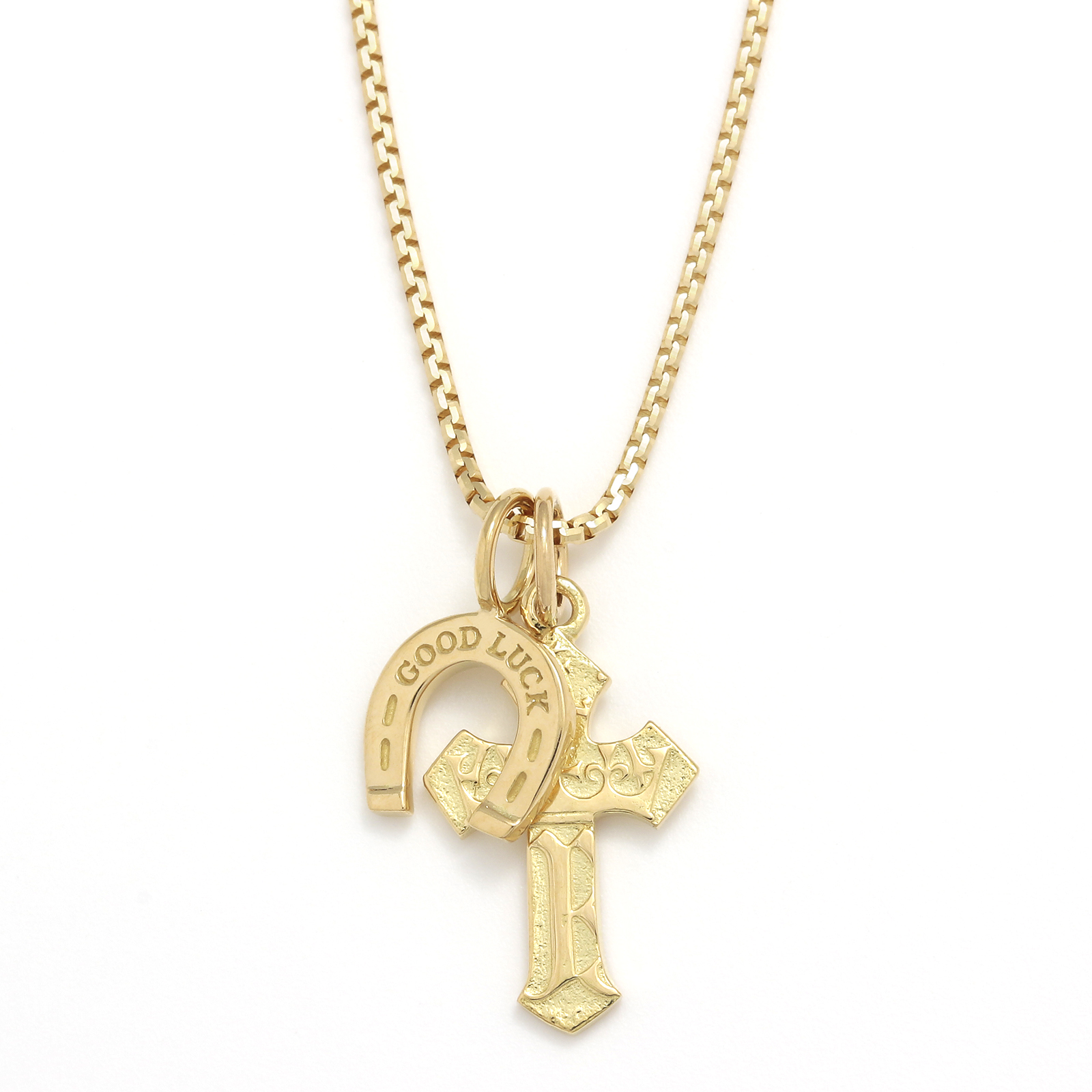 1940's Sixpence Cross Necklace w/GOOD LUCK Horseshoe - K18Yellow Gold