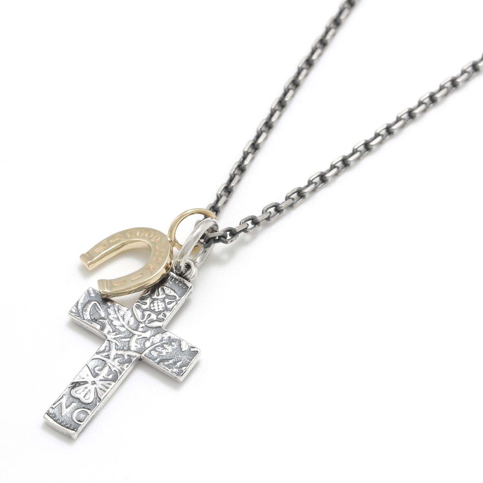 1960's Sixpence Large Cross Necklace w/GOOD LUCK Horseshoe - Silver+K10Yellow Gold