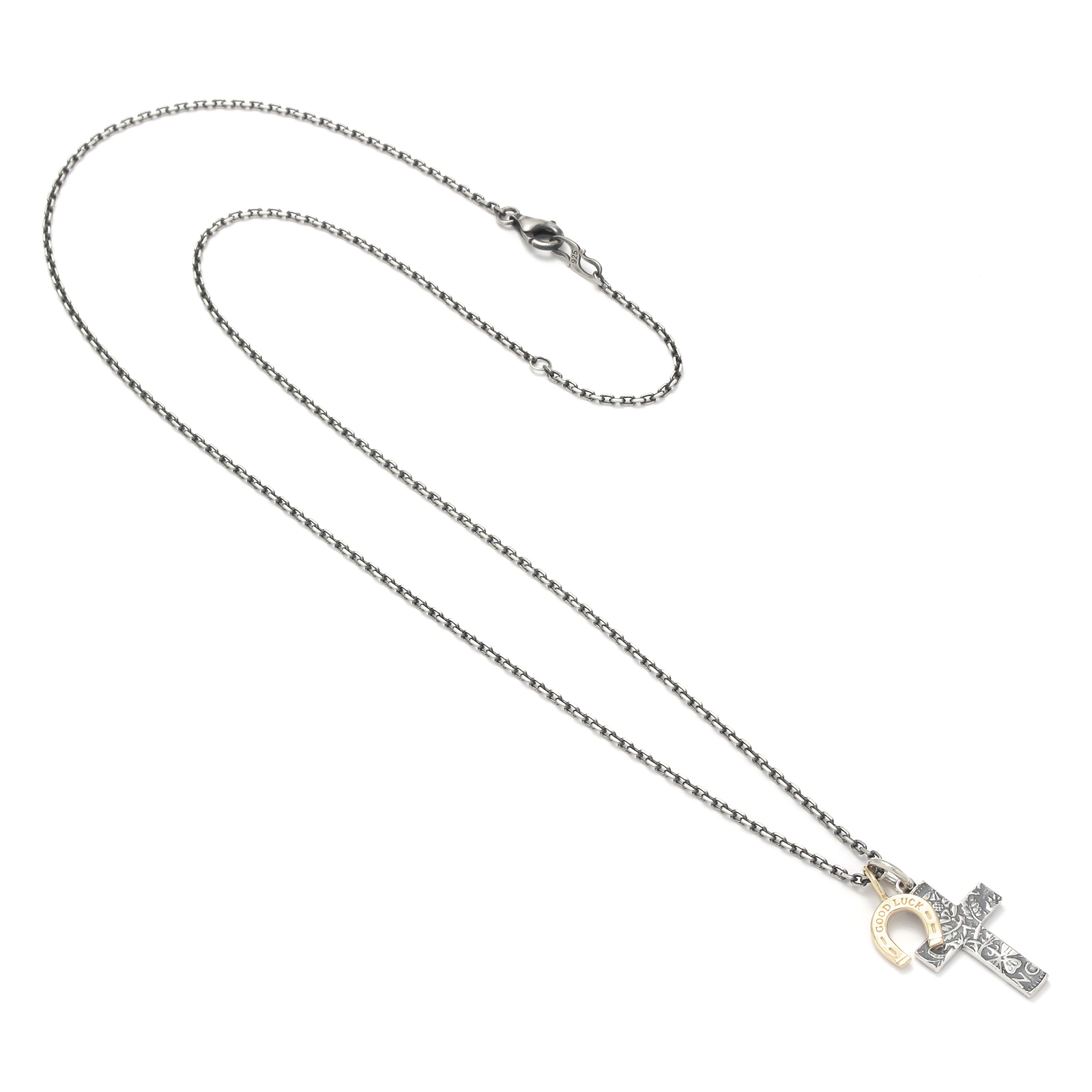 1960's Sixpence Large Cross Necklace w/GOOD LUCK Horseshoe - Silver+K10Yellow Gold
