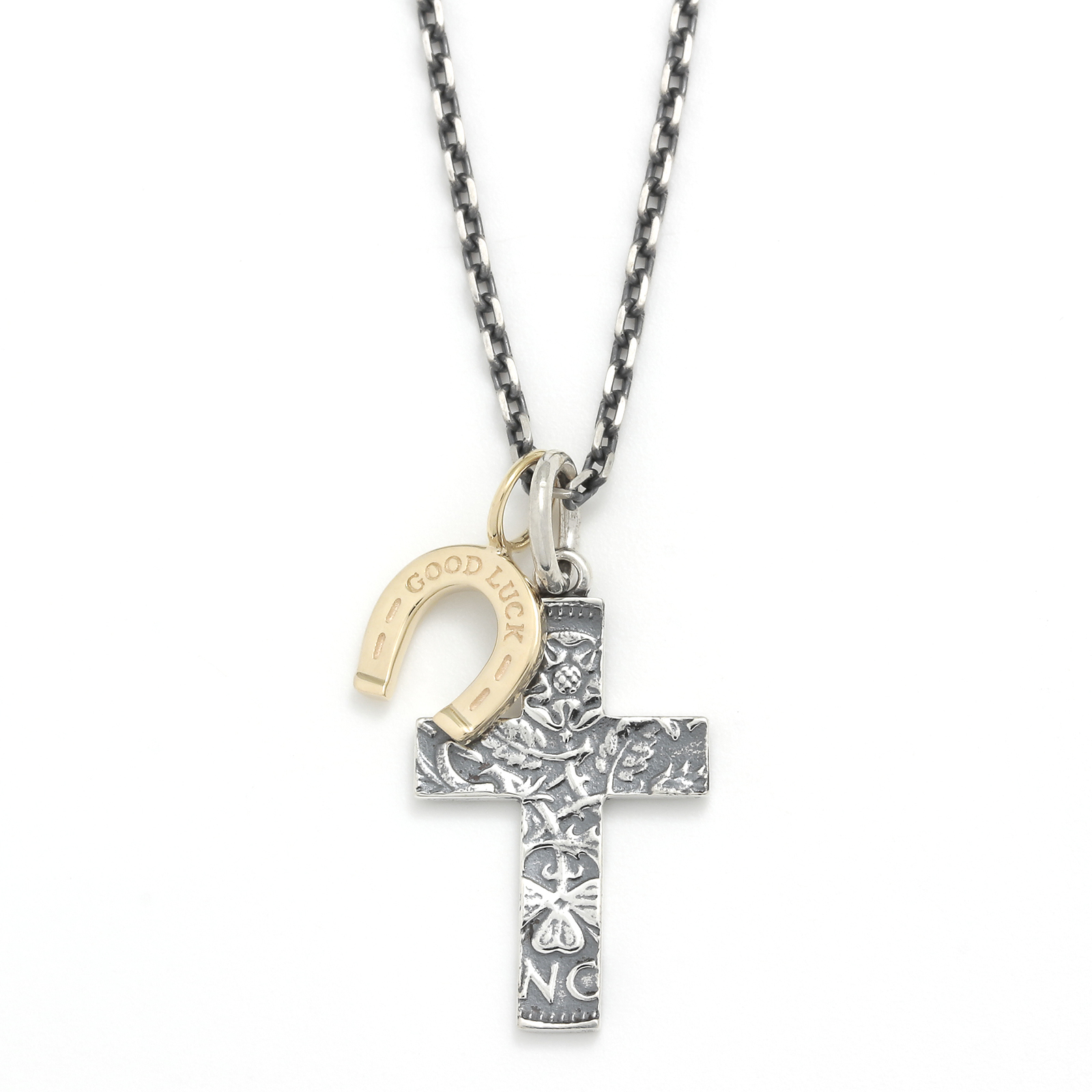 1960's Sixpence Large Cross Necklace w/GOOD LUCK Horseshoe - Silver+K10Yellow Gold