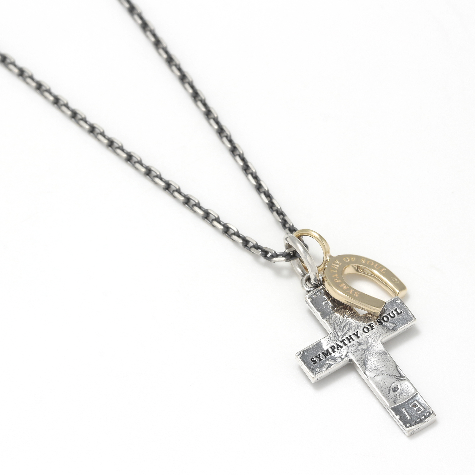 1960's Sixpence Large Cross Necklace w/GOOD LUCK Horseshoe - Silver+K10Yellow Gold