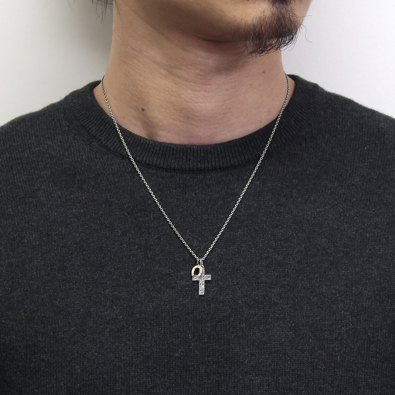 1960's Sixpence Large Cross Necklace w/GOOD LUCK Horseshoe - Silver+K10Yellow Gold