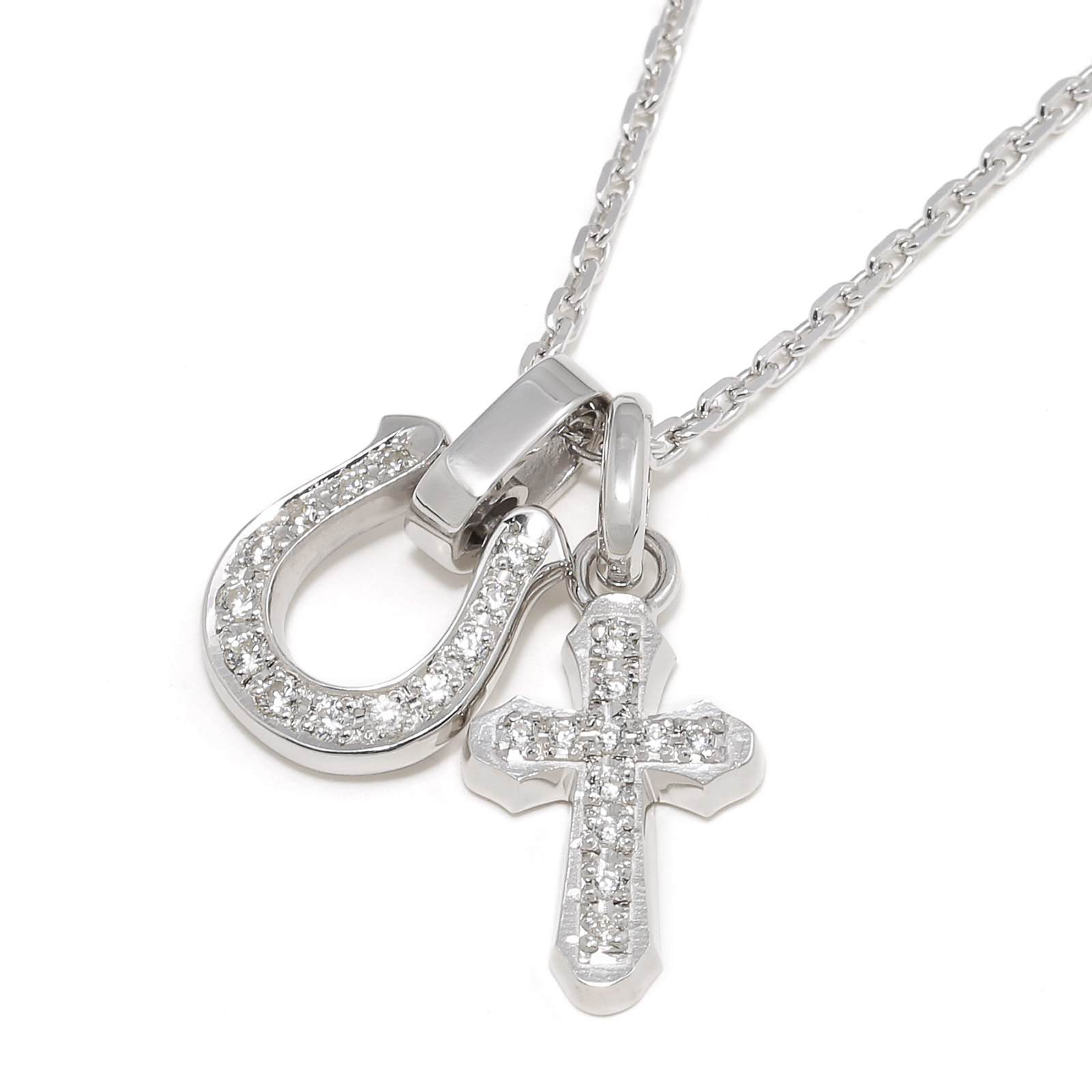 Horseshoe Amulet + Smooth Cross Set Necklace - Silver w/Clear CZ