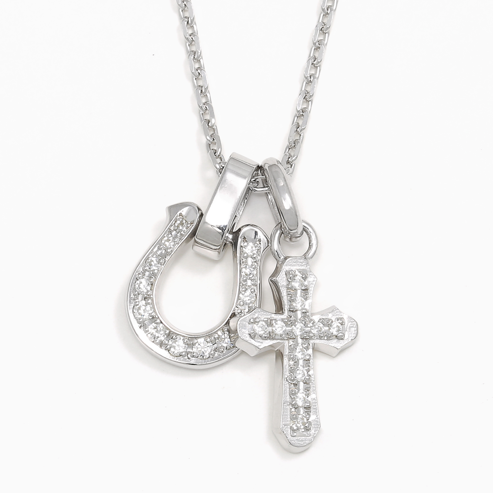 Horseshoe Amulet + Smooth Cross Set Necklace - Silver w/Clear CZ