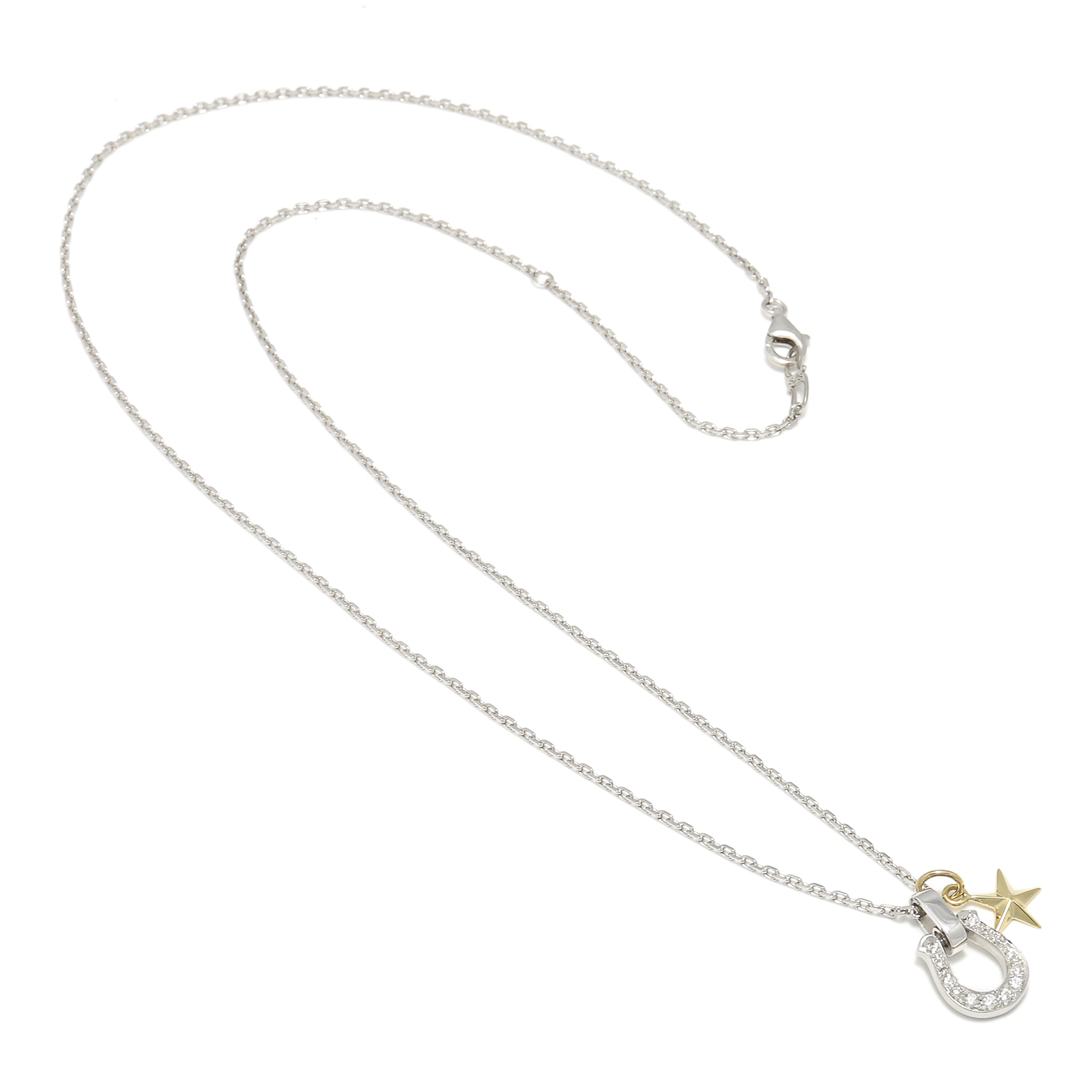 Horseshoe Amulet - Silver w/CZ + Small Star Charm - K18Yellow Gold Set Necklace
