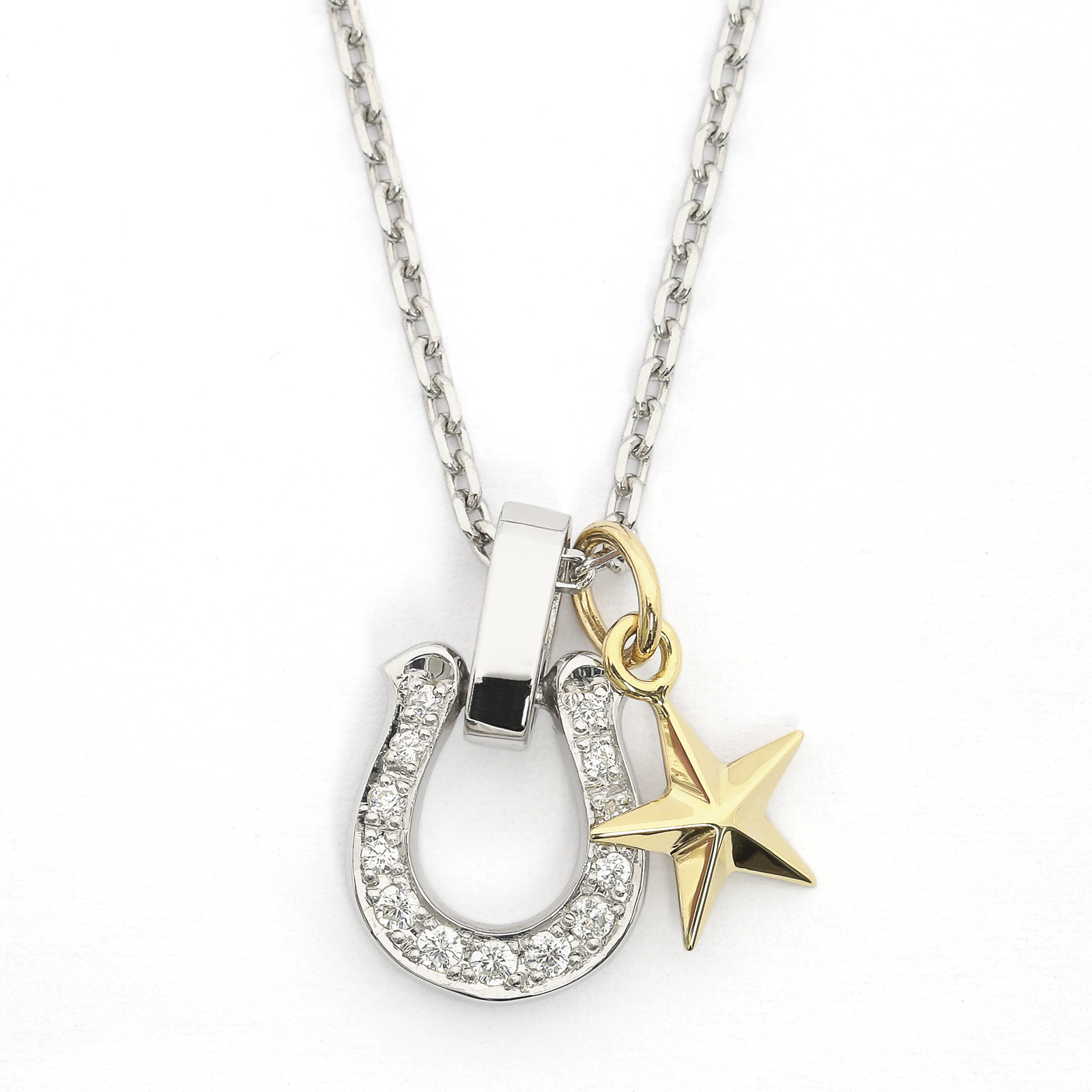 Horseshoe Amulet - Silver w/CZ + Small Star Charm - K18Yellow Gold Set Necklace