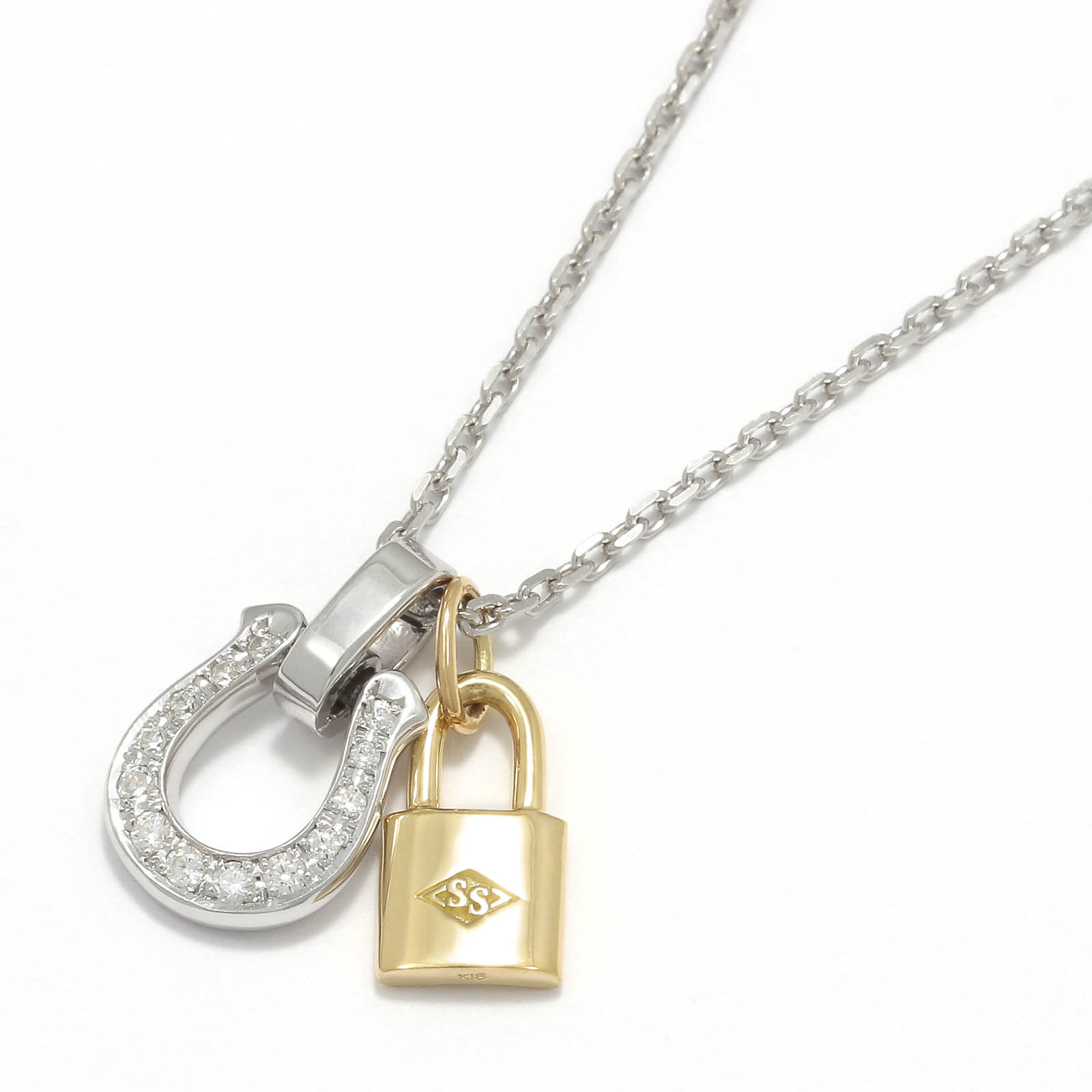 Horseshoe Amulet - Silver w/CZ + Small Key Charm - K18Yellow Gold Set Necklace