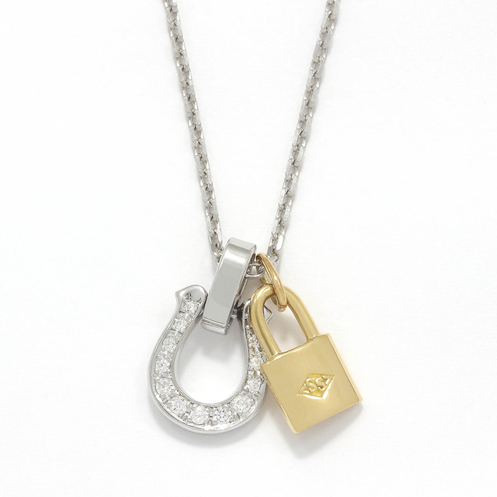 Horseshoe Amulet - Silver w/CZ + Small Key Charm - K18Yellow Gold Set Necklace