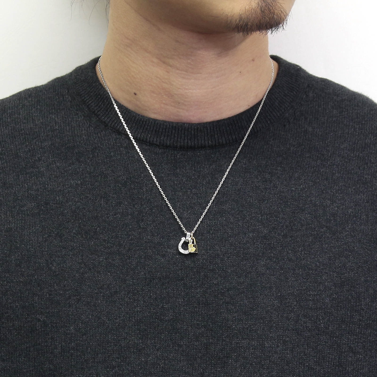 Horseshoe Amulet - Silver w/CZ + Small Key Charm - K18Yellow Gold Set Necklace