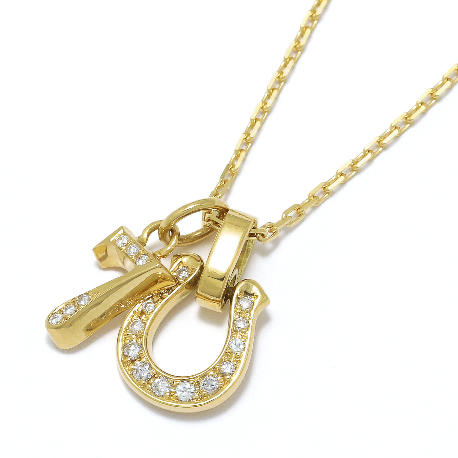 Horseshoe Amulet + Number Charm - K18Yellow Gold w/Diamond Set Necklace