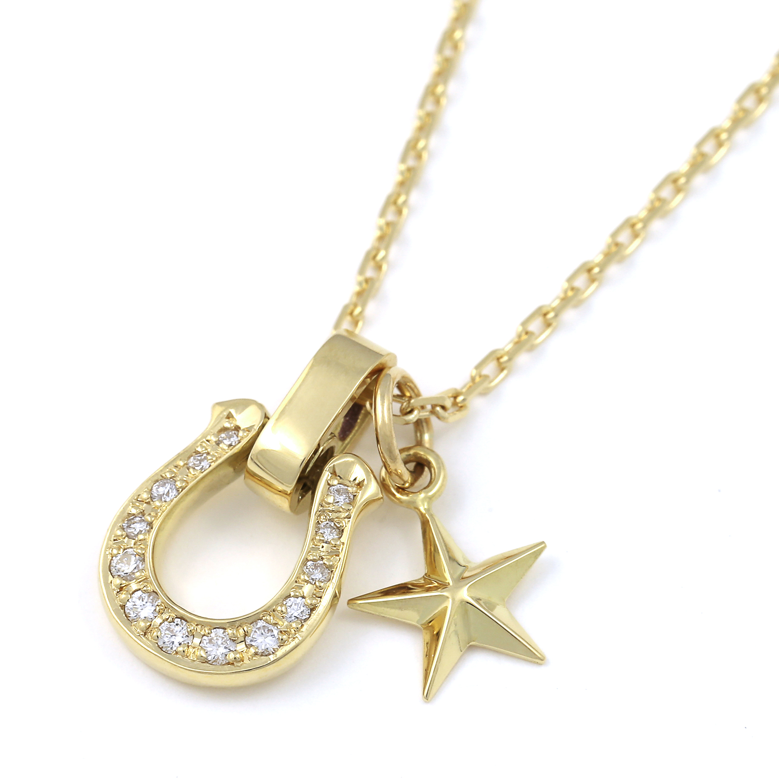 Horseshoe Amulet + Small Star Charm - K18Yellow Gold w/Diamond Set Necklace