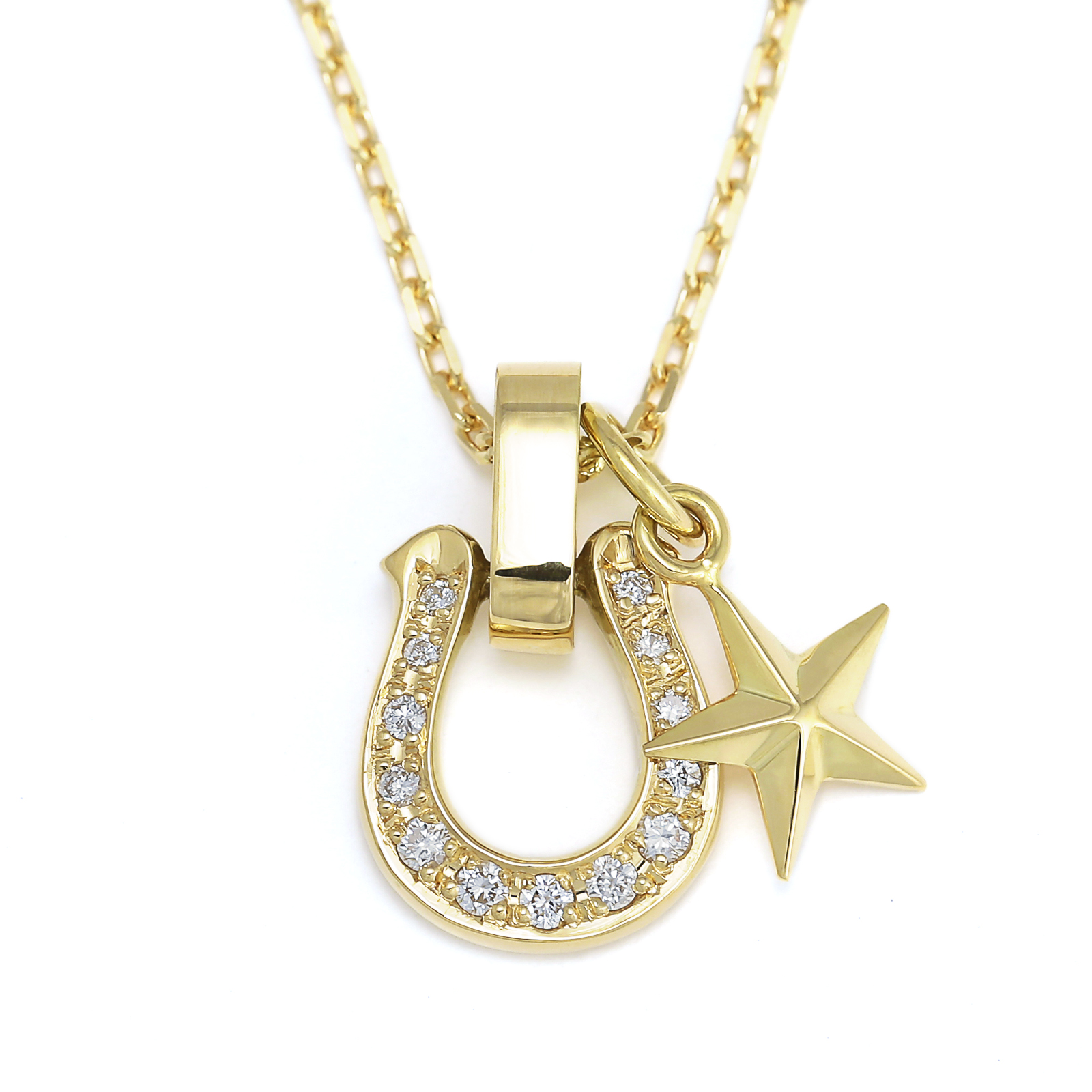 Horseshoe Amulet + Small Star Charm - K18Yellow Gold w/Diamond Set Necklace