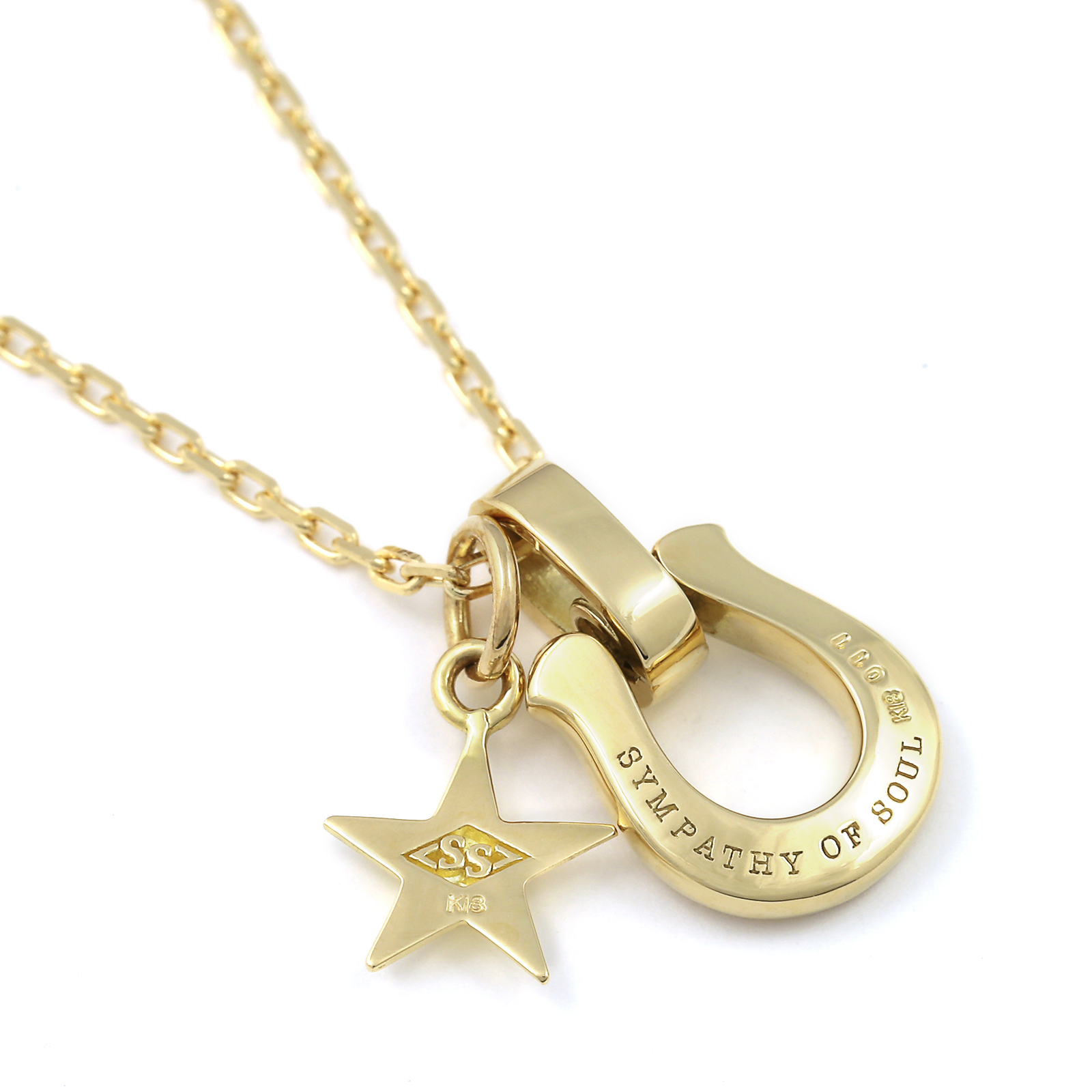 Horseshoe Amulet + Small Star Charm - K18Yellow Gold w/Diamond Set Necklace