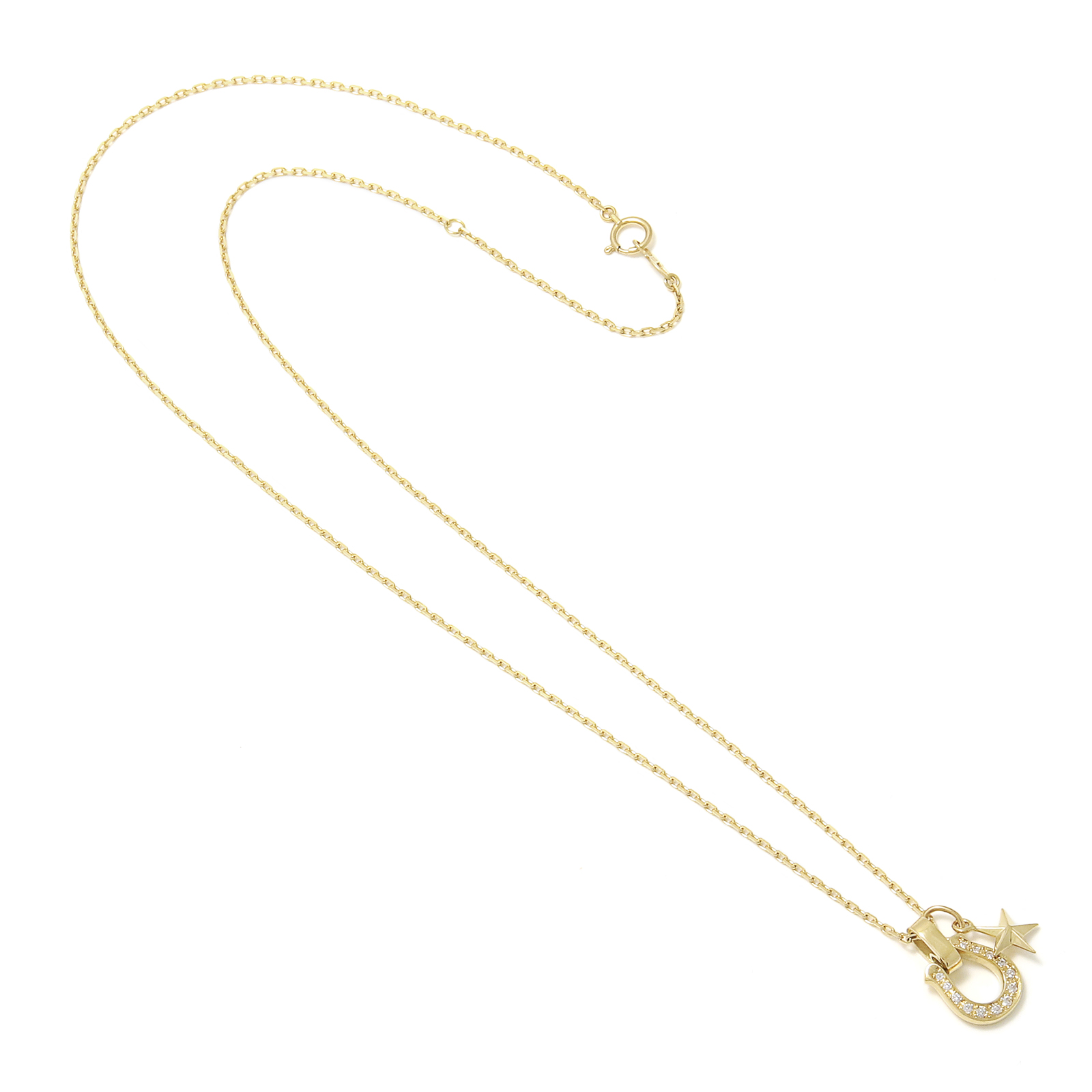 Horseshoe Amulet + Small Star Charm - K18Yellow Gold w/Diamond Set Necklace