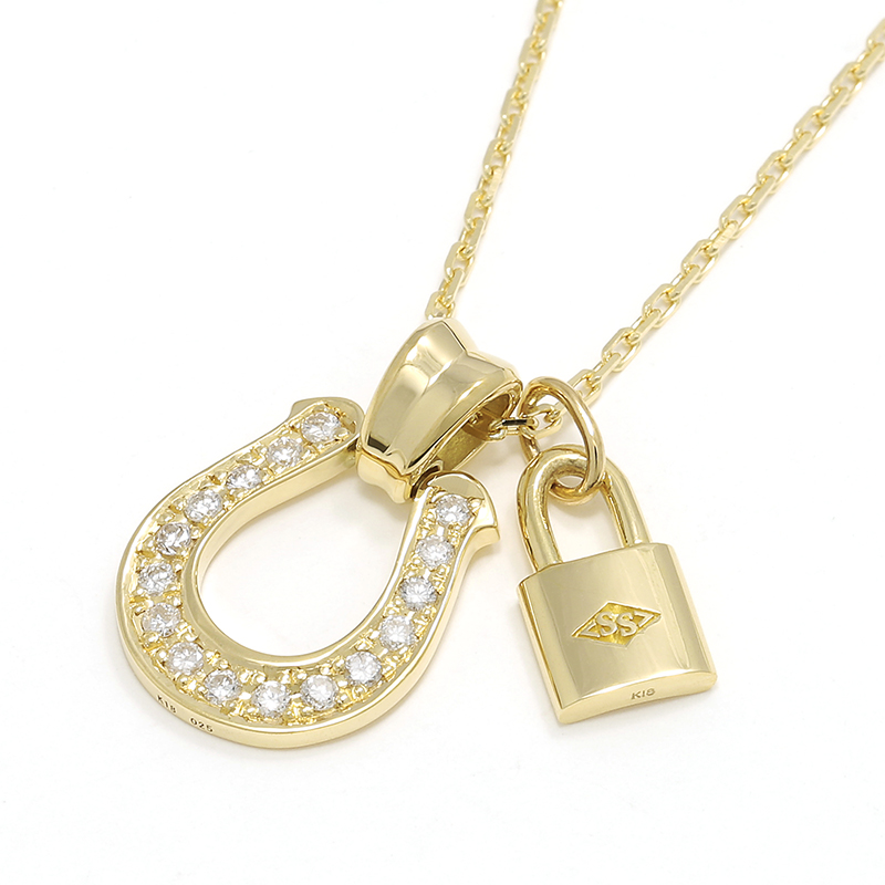 Large Horseshoe Pendant + Small Key Set Necklace - K18Yellow Gold w/Diamond