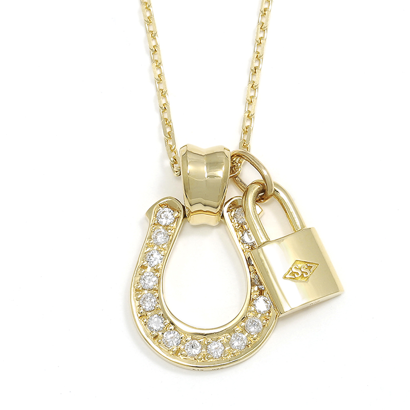Large Horseshoe Pendant + Small Key Set Necklace - K18Yellow Gold w/Diamond