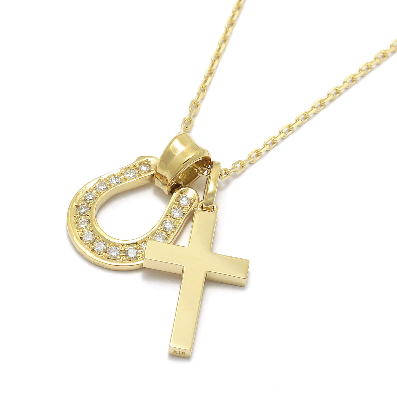 Horseshoe Large + Simple Cross Medium - K18Yellow Gold w/Diamond Set Necklace