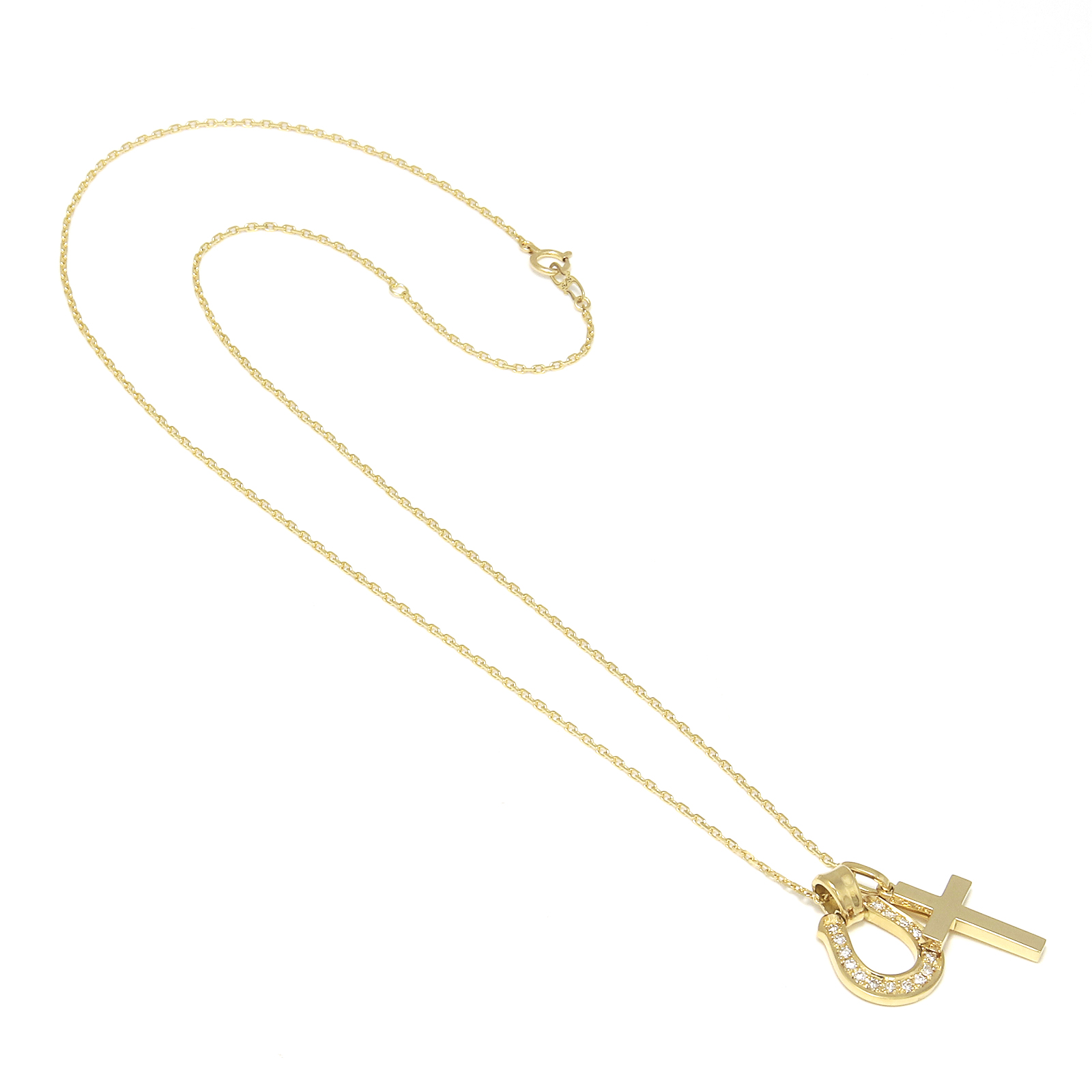 Horseshoe Large + Simple Cross Medium - K18Yellow Gold w/Diamond Set Necklace