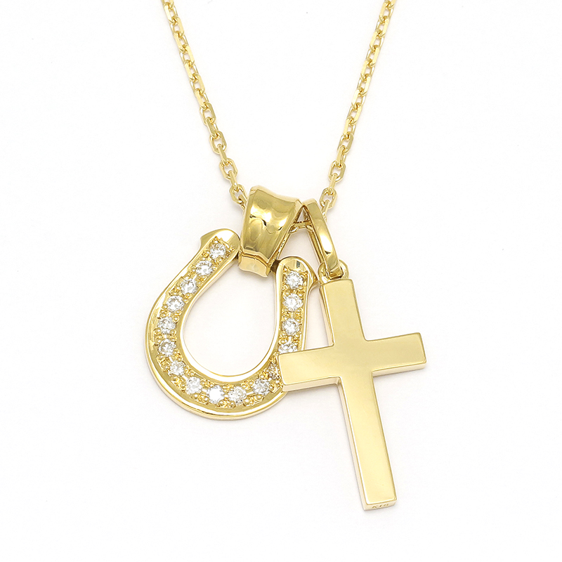 Large Horseshoe Pendant + Simple Cross Medium Set Necklace - K18Yellow Gold w/Diamond(ラージホースシューペンダント+シンプルクロス ミディアム セットネックレス - K18イエローゴールド