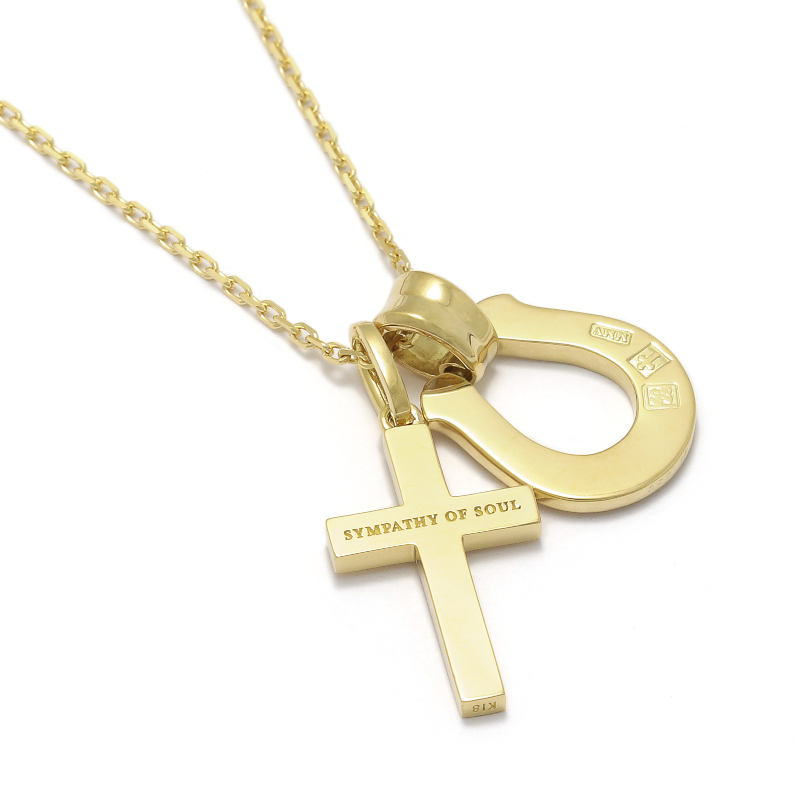 Horseshoe Large + Simple Cross Medium - K18Yellow Gold w/Diamond Set Necklace