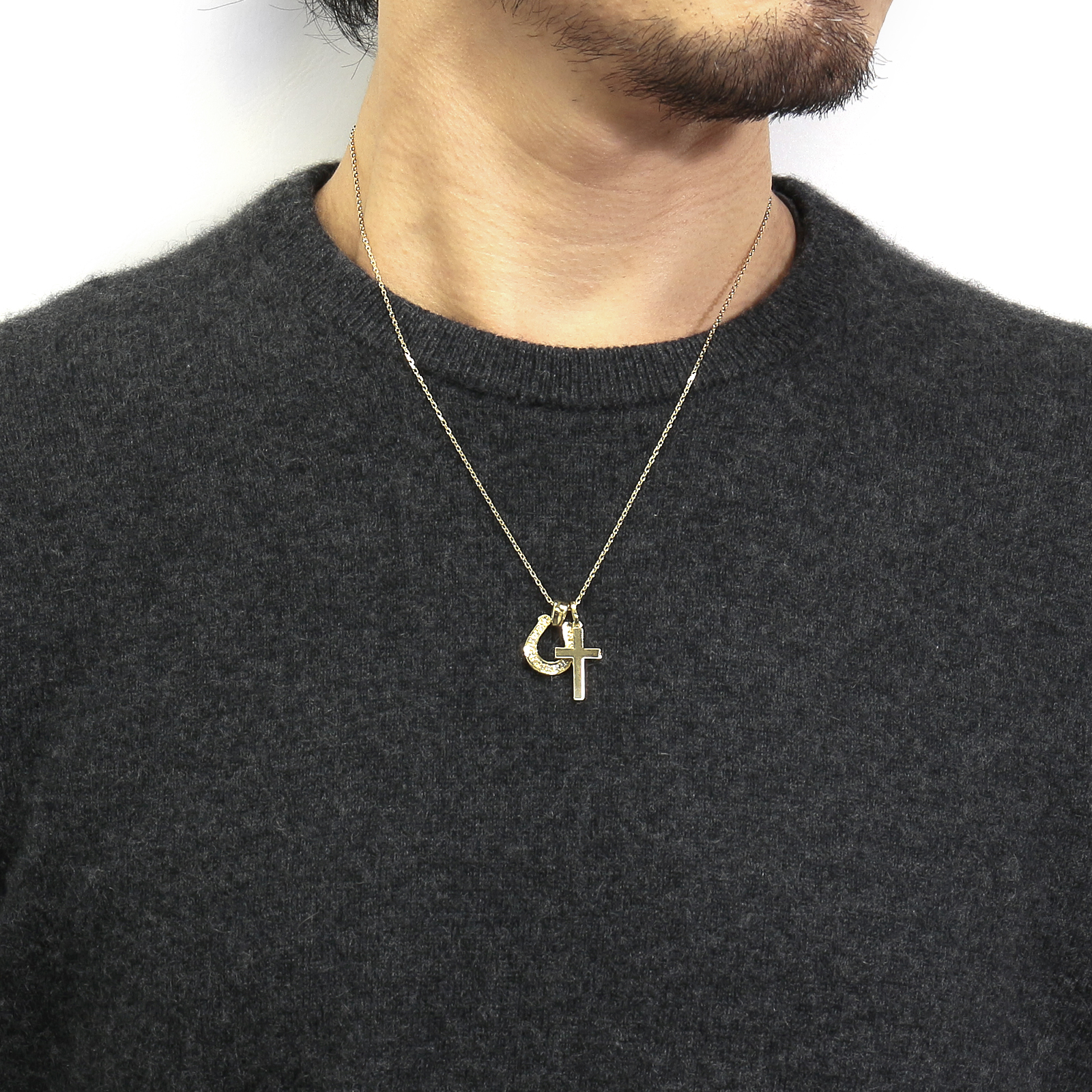Horseshoe Large + Simple Cross Medium - K18Yellow Gold w/Diamond Set Necklace