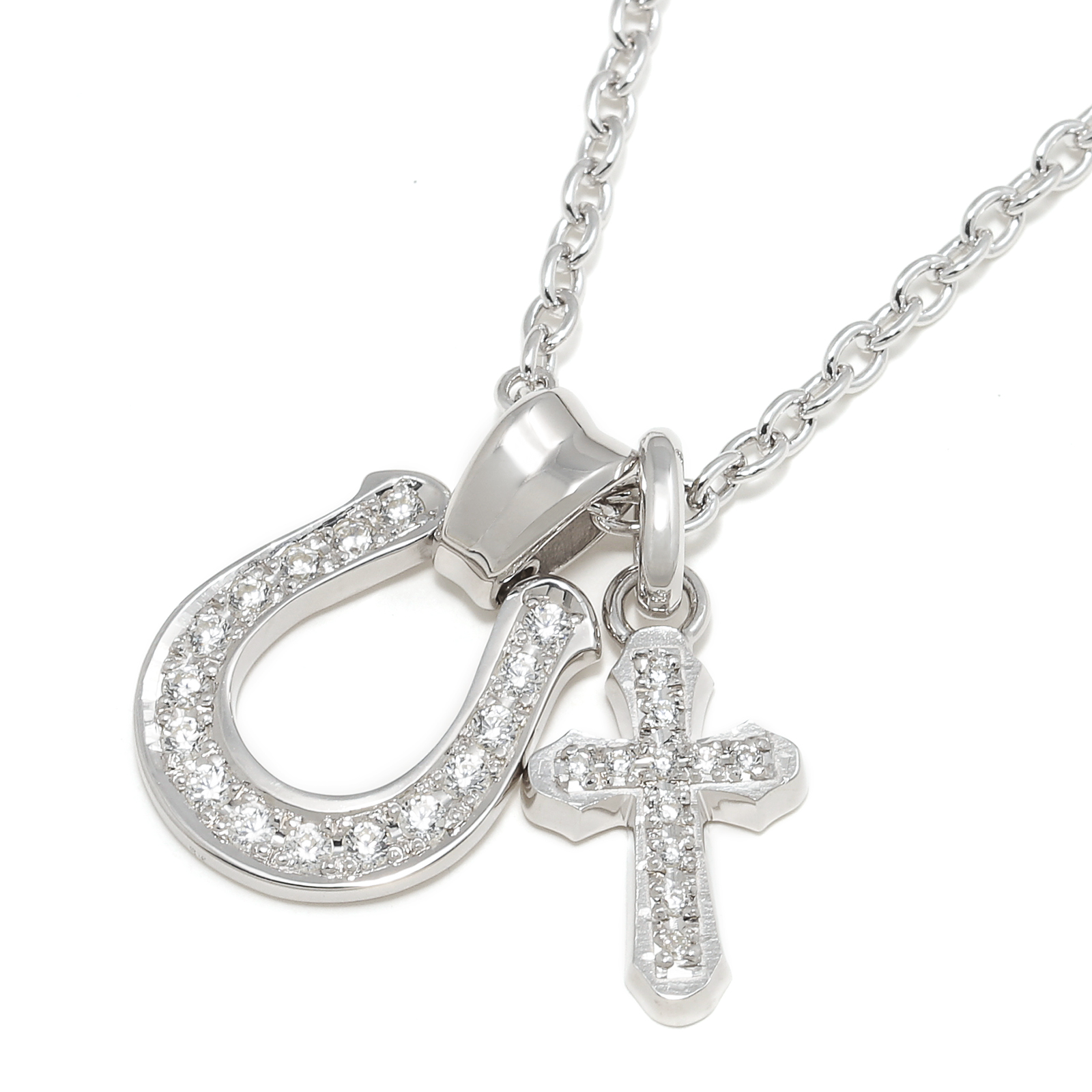 Horseshoe Large + Smooth Cross Set Necklace - Silver w/Clear CZ