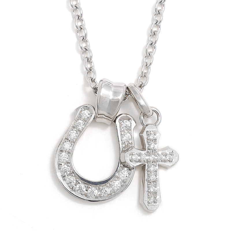 Horseshoe Large + Smooth Cross Set Necklace - Silver w/Clear CZ