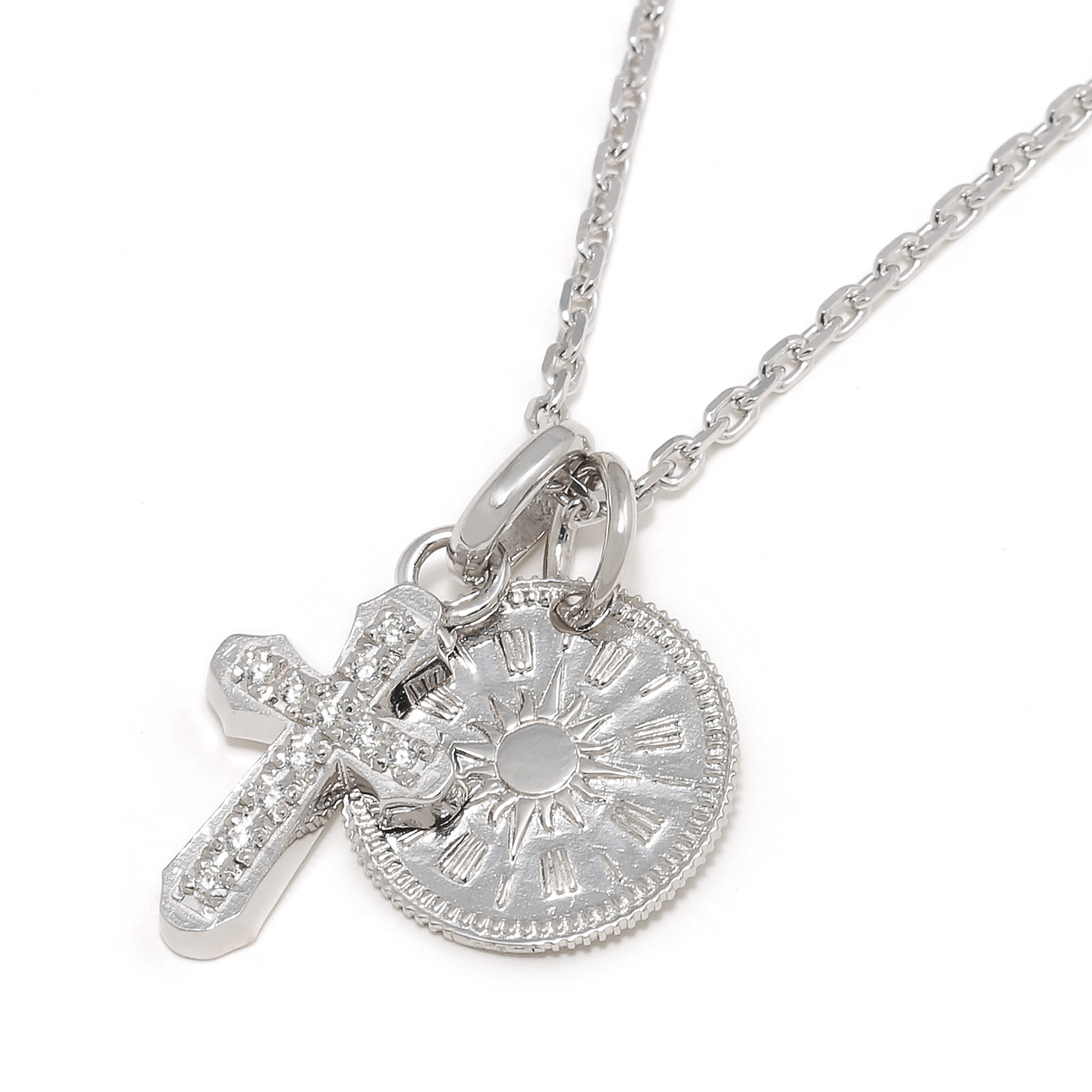 Smooth Cross + Coin Set Necklace - Silver w/CZ
