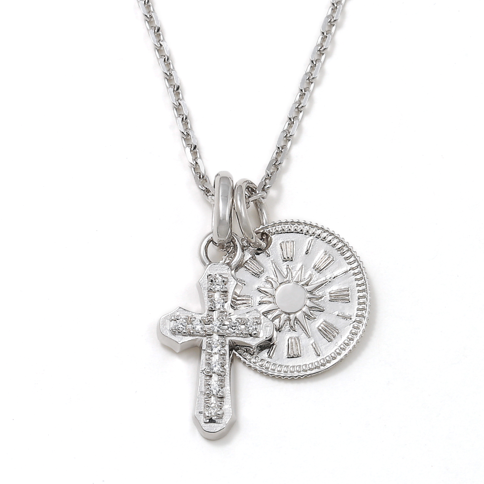 Smooth Cross + Coin Set Necklace - Silver w/CZ