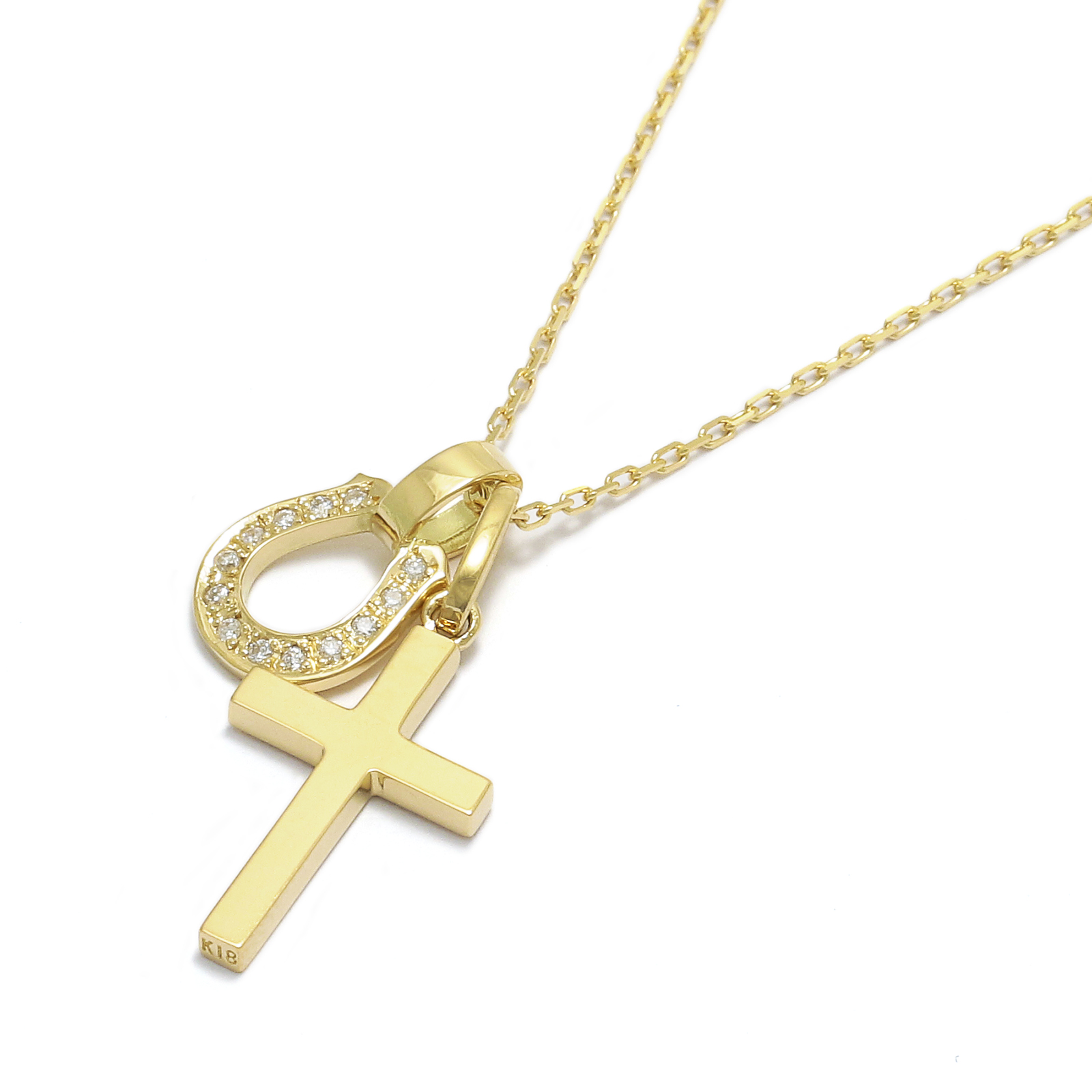 Simple Cross Small + Small Charm - Horseshoe - K18Yellow Gold w/Diamond Set Necklace