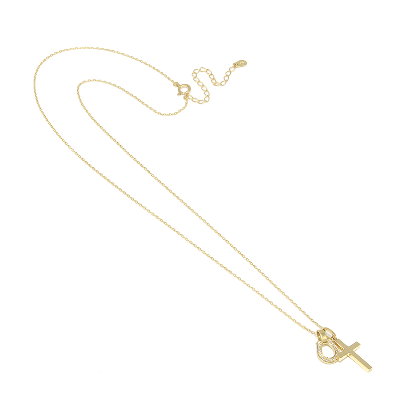 Simple Cross Small + Small Charm - Horseshoe - K18Yellow Gold w/Diamond Set Necklace