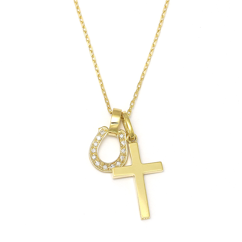 Simple Cross Small + Small Charm - Horseshoe - K18Yellow Gold w/Diamond Set Necklace