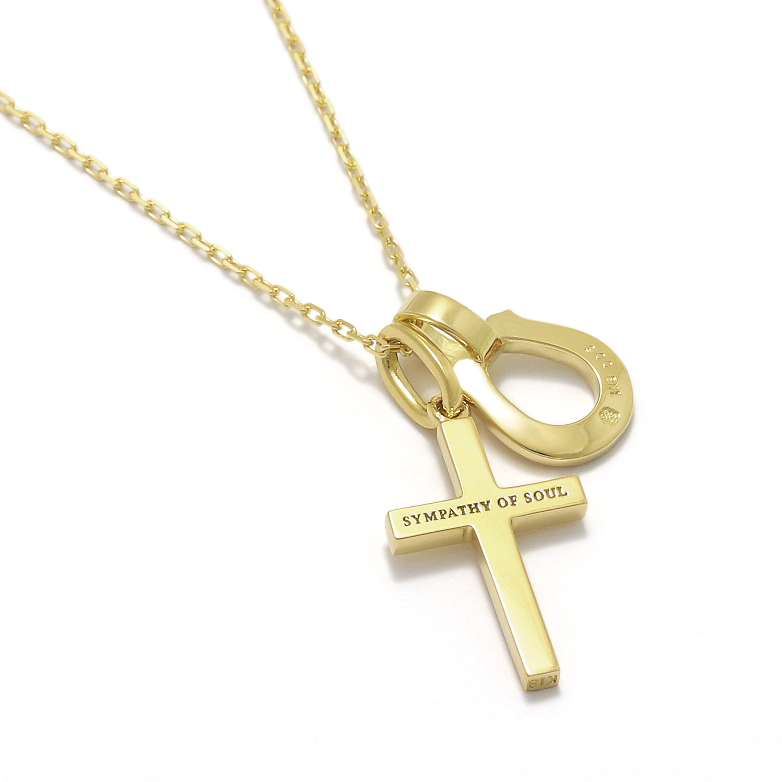 Simple Cross Small + Small Charm - Horseshoe - K18Yellow Gold w/Diamond Set Necklace