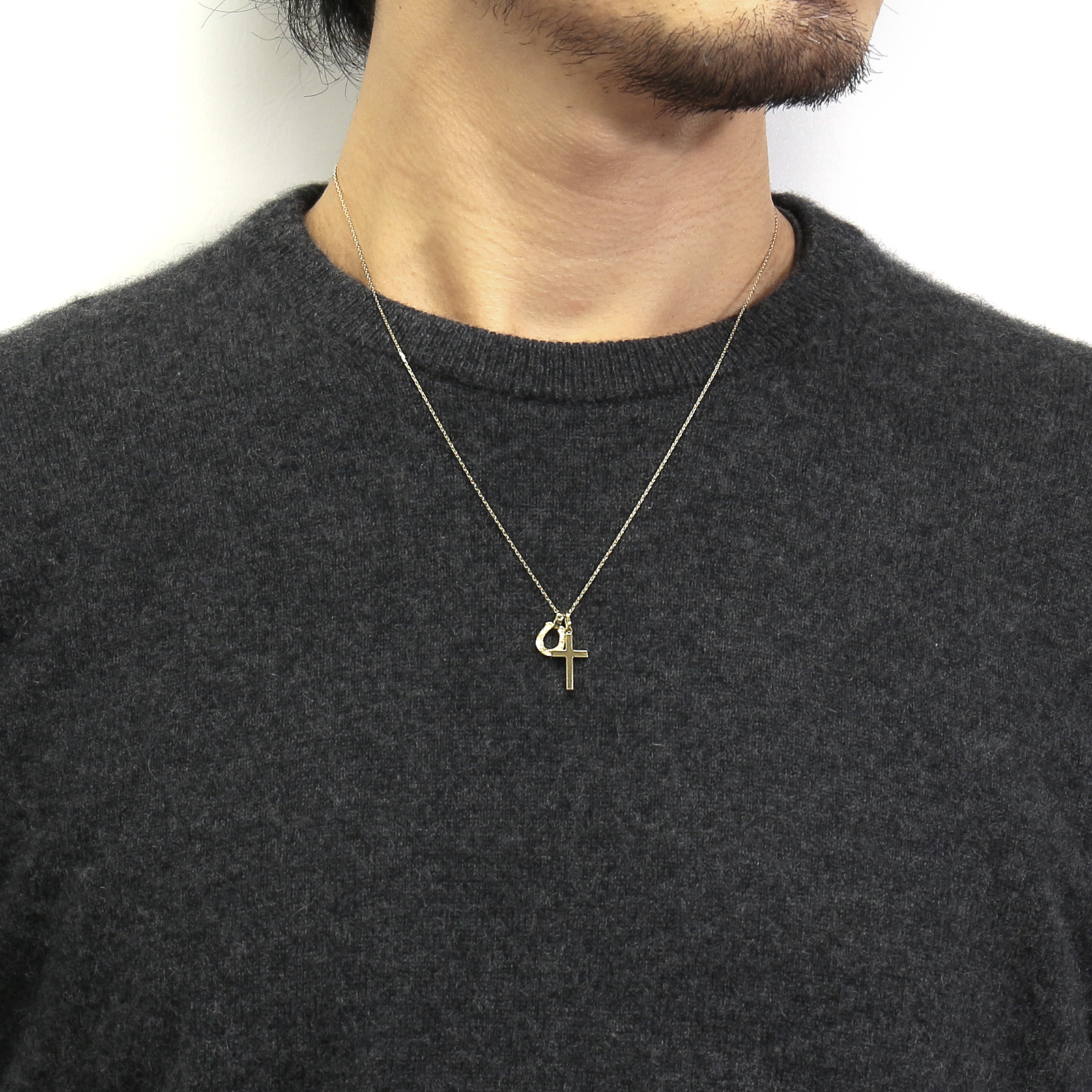 Simple Cross Small + Small Charm - Horseshoe - K18Yellow Gold w/Diamond Set Necklace