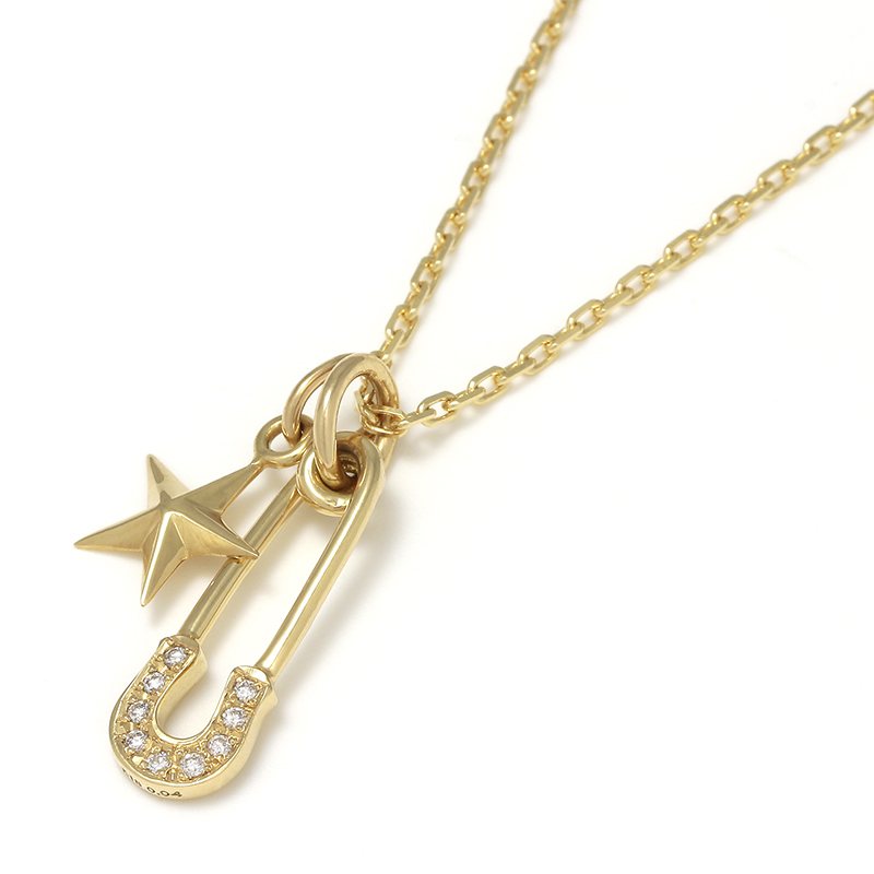 Safety Pin Charm + Small Star Charm - K18Yellow Gold w/Diamond Set Necklace