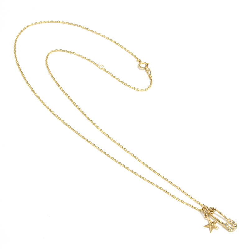 Safety Pin Charm + Small Star Charm - K18Yellow Gold w/Diamond Set Necklace