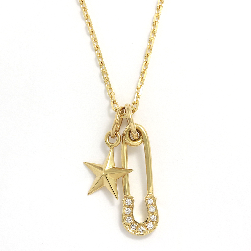 Safety Pin Charm + Small Star Charm - K18Yellow Gold w/Diamond Set Necklace