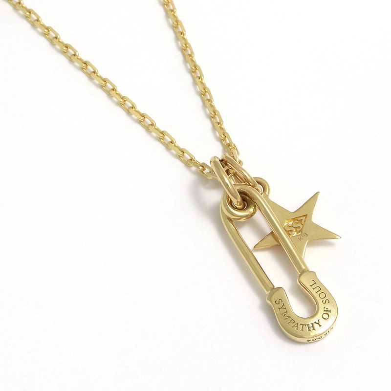 Safety Pin Charm + Small Star Charm - K18Yellow Gold w/Diamond Set Necklace